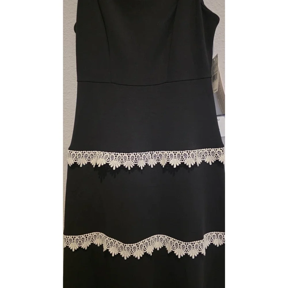 Adrianna Papell Black Ecru Knit Crochet Trim Tiered Midi Dress AD3D105940 Size 2